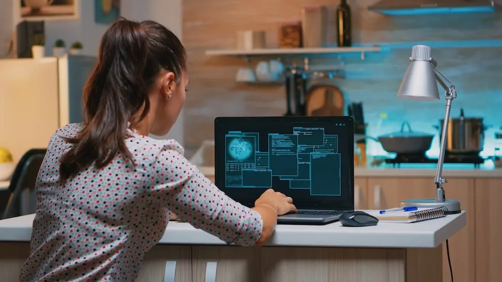 Woman hacker coding html and programming screen