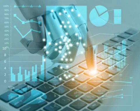 Robot hands and fingers point laptop digital button advisor chatbot robotic artificial intelligence concept