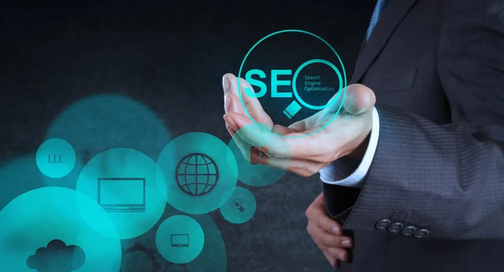 Businessman hand showing search engine optimization seo