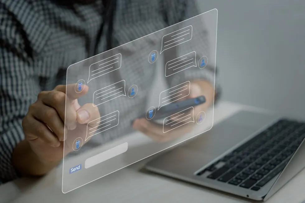 Chatbot service smart digital customer serviceartificial intelligence and service automation technology conceptman chatting with chatbot via application with speech bubble virtual screen