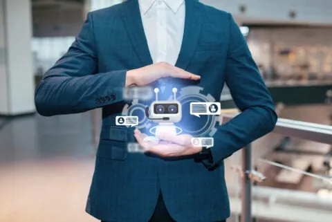 Cropped businessman holding chatbot virtual icon collage