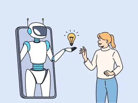 Woman communicates with chat bots phone through application and uses artificial intelligence