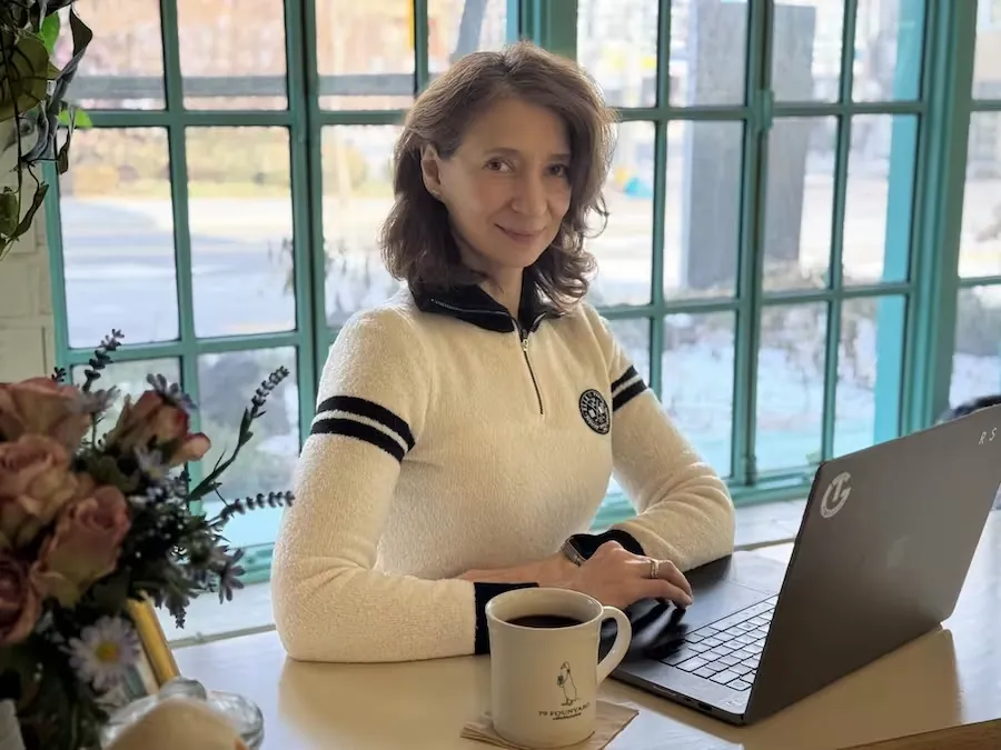 Inga working on her Macbook in Seoul South Korea
