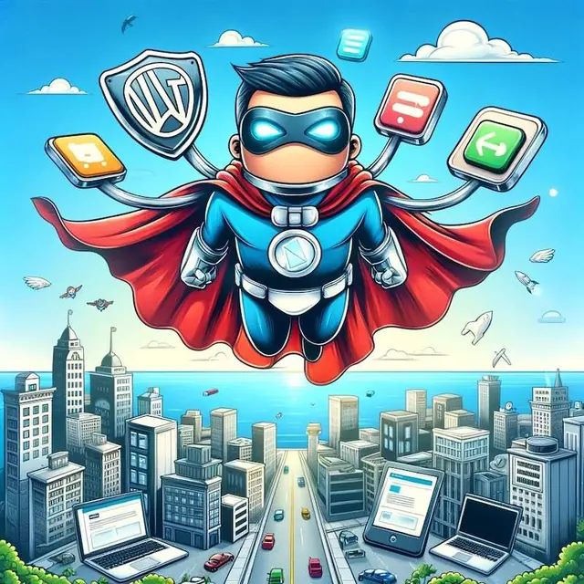A humorous image depicting a website dressed as a superhero, complete with a cape and mask, flying above a city skyline. The superhero website is hold - A Guide to Lifetime and Subscription-Based Plugin Licenses.jpg
